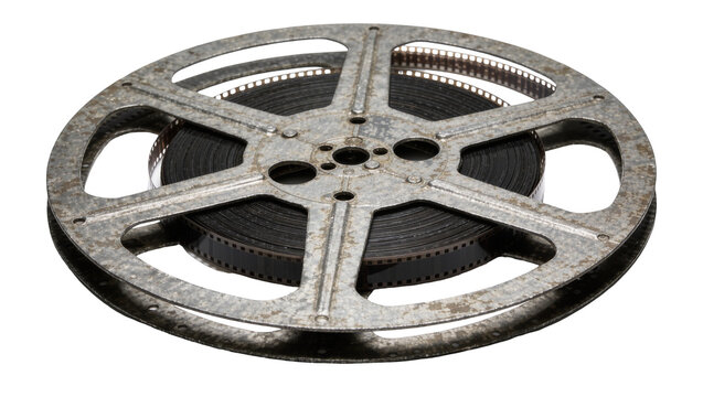 Vintage metal film reel with dark celluloid strip, isolated on transparent background