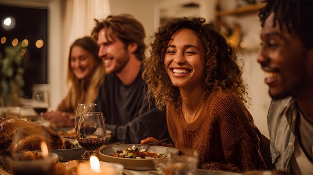 Diverse group of young adults laughing and enjoying a festive Thanksgiving dinner together