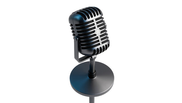 Vintage black microphone on a round base stand, isolated on transparent background
