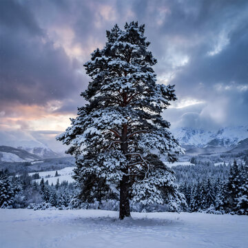 Lone snowy pine tree in a wintry mountainous valley at sunset with evergreen tree winter landscape snow covered
