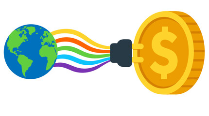 Obraz premium Large golden dollar coin drawing vibrant curved rainbow energy streams through an electric plug connected to planet earth, global capital exploitation graphic vector illustration scene