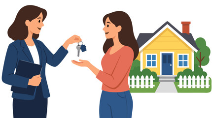 Fototapeta premium Professional real estate agent in a blue blazer handing house keys to a smiling female buyer in front of a yellow suburban cottage, home ownership purchase vector illustration scene