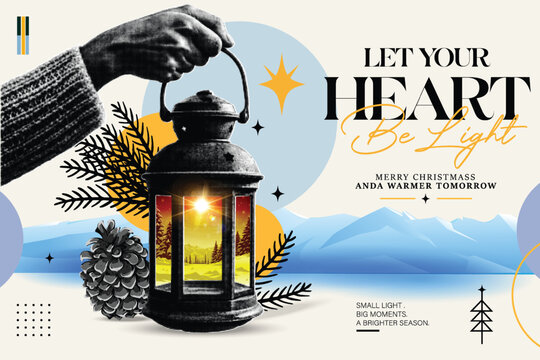 Hand Holding Glowing Lantern with Winter Landscape for Let Your Heart Be Light Merry Christmas Typography. Halftone Pinecone and Mountain Illustration in Retro Style