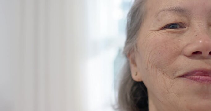 Camera framing right closeup Senior Chinese woman smiling at home stud earring and blinds
