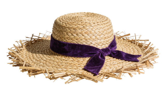 Woven straw boater hat with frayed brim and purple velvet ribbon bow, isolated on transparent background