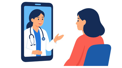 Obraz premium Female medical doctor wearing a white lab coat consulting a female patient through a smartphone screen interface, remote telemedicine digital healthcare concept vector illustration