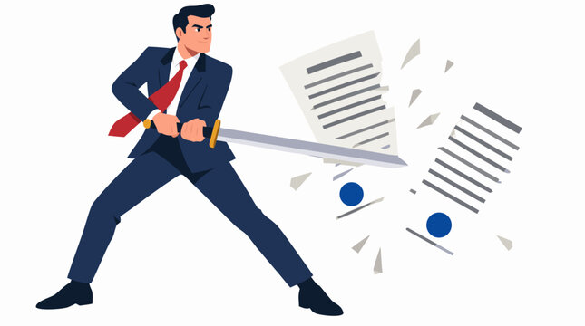 Bold businessman in a navy suit slicing a formal business contract paper in half using a sharp silver sword, contract termination legal severance modern vector illustration concept