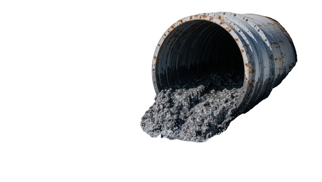 Corrugated metal pipe discharging sludge, isolated on transparent background