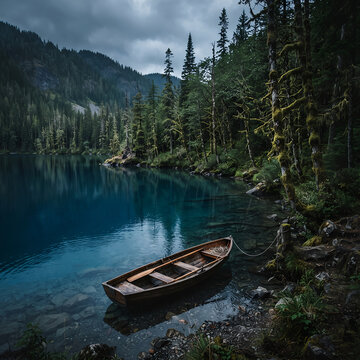 Wooden Rowboat Tied to Dock on Moody Mountain Lake Surrounded by Dense Forest