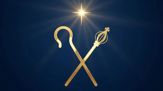 glowing golden star shining above crossed shepherd crook and royal scepter against dark blue background. christian nativity concept, christmas and epiphany celebration. religious greeting card