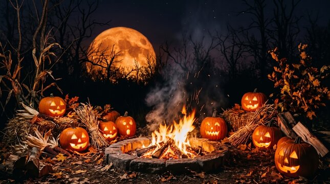 Bonfire with Carved Pumpkins Under Full Moon.