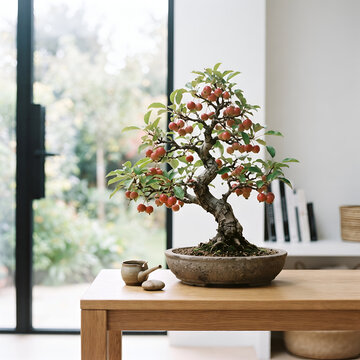 Fruiting Apple Bonsai Tree in Ceramic Pot on Wooden Table in Modern Interior