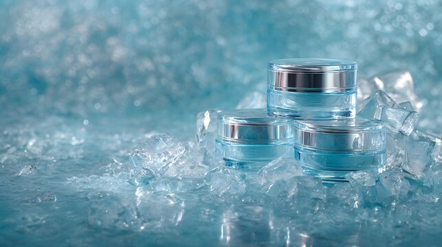 Cool blue aesthetic beauty products displayed on ice and water
