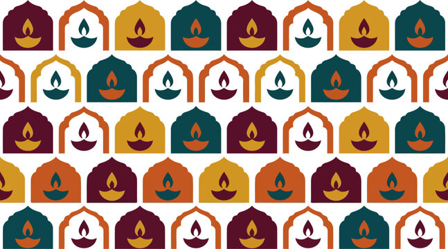 Colorful diwali diya oil lamp pattern with traditional decorative arch shapes Vector