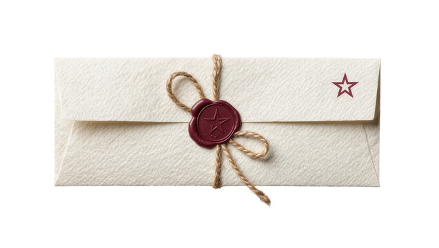 Textured cream envelope sealed with burgundy wax and twine featuring a star emblem, isolated on transparent background