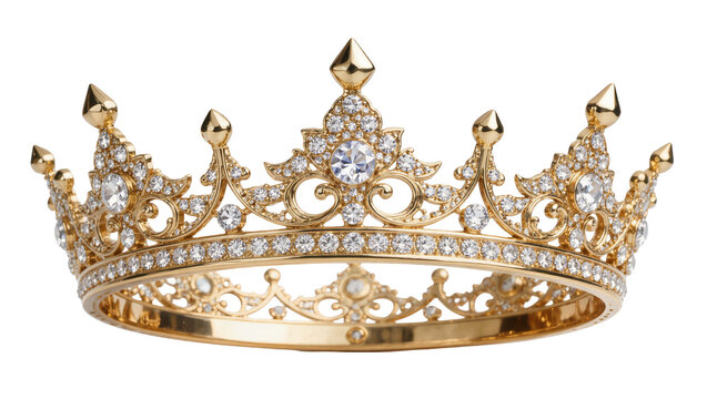 Ornate golden crown adorned with sparkling diamonds, isolated on transparent background
