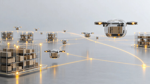 3D autonomous swarm robotics and spatial logistics concept, translucent drone capsule with glowing collaborative flight routing mesh with copy space