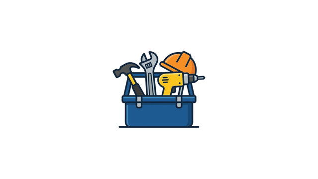Tool box with hammer, drill, and construction safety gear.