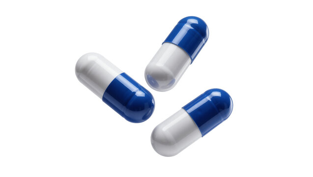 Three blue and white capsules, isolated on transparent background