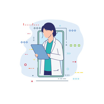 Vector illustration of a doctor on a smartphone screen checking a tablet, ideal for telemedicine and online consultation themes, with abstract icons. Online medical consultation.
