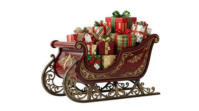 Vintage wooden christmas sleigh filled with wrapped gift boxes isolated on transparent background
