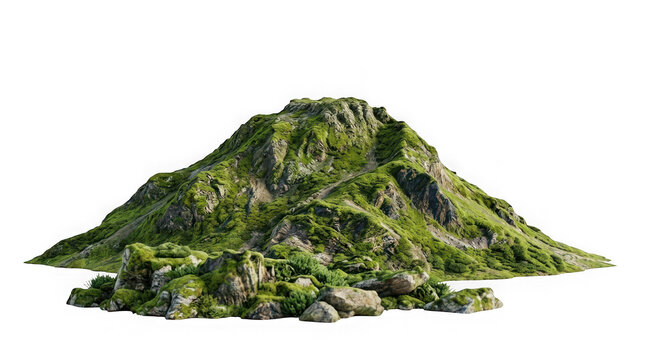 Green mossy mountain peak with rocky terrain isolated on transparent background