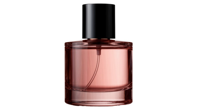 Clear glass perfume bottle with pink liquid and black cap, isolated on transparent background