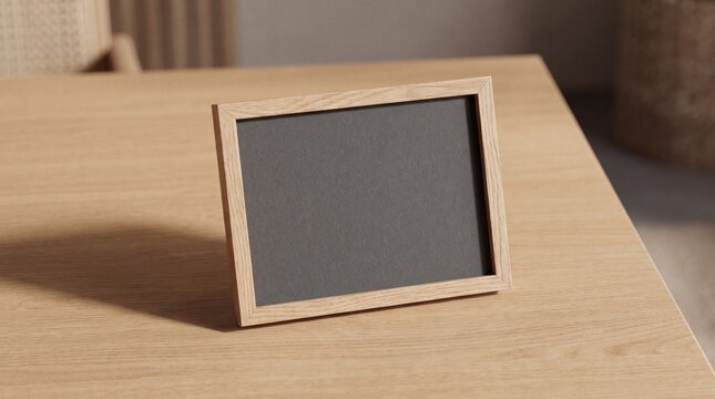 Minimalist Blank Picture Frame on Oak Tabletop for Conceptual Advertising Banner