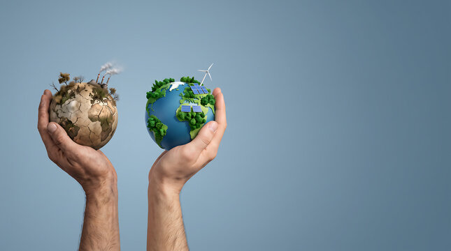 Two hands holding damaged dry Earth and healthy green Earth, representing climate choice, environmental recovery, sustainability, global warming and a greener future.