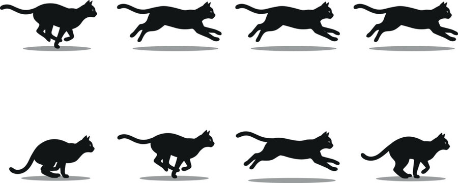 Running Black Cat Animation Sprite Sheet Set Showing Cycle Loop Keyframes of Galloping Action Concept for Motion Graphic Designs Vector Illustration
