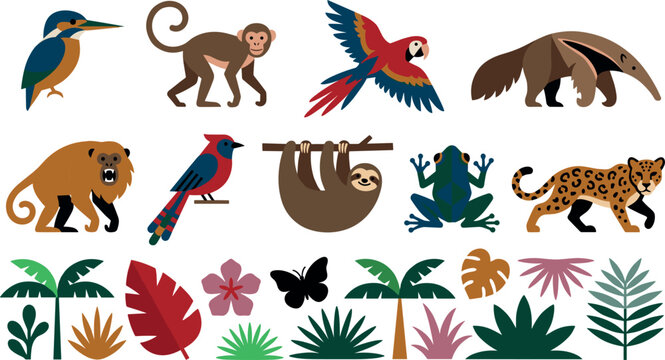 Tropical Rainforest Animal and Jungle Plant Set Featuring Jaguar Sloth Monkey Macaw Frog and Exotic Botanical Leaves for Pattern Design Vector Illustration