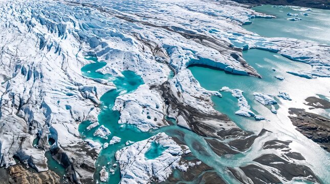 Aerial view of melting glacier ice with turquoise pools. Perfect for climate change articles, environmental reports, travel blogs.