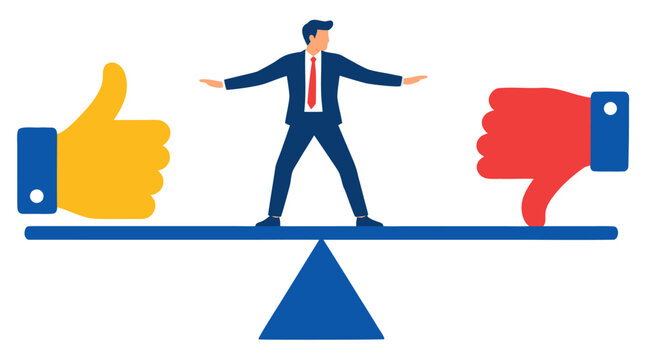 Corporate businessman balancing on blue teeter totter seesaw plank between giant yellow thumbs up icon and giant red thumbs down symbol in clean flat vector illustration on white background
