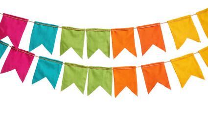 Fototapeta premium Colorful fabric pennant flags strung on twine, isolated on transparent background