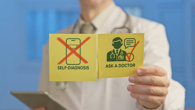 Doctor's hands holding yellow sticky notes showing a crossed out mobile phone for self diagnosis and an icon of a doctor for ask a doctor, emphasizing the importance of professional medical advice