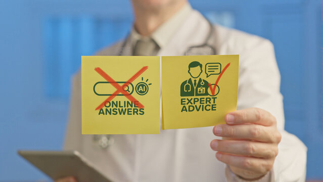 Doctor's hands holding two sticky notes, advocating for professional medical consultation and rejecting unreliable online answers or artificial intelligence diagnoses