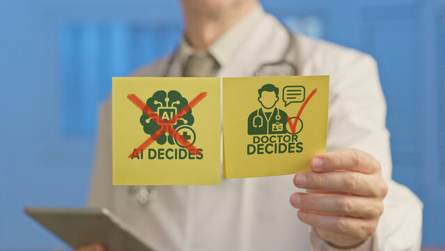 Doctor holding yellow sticky notes showing ai decides crossed out and doctor decides with a checkmark, symbolizing human control and ethical considerations in healthcare decision making