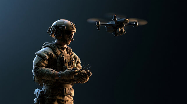 Soldier operating a drone while wearing military gear in a dimly lit environment