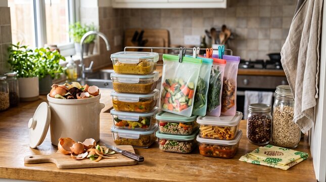 Sustainable food storage containers and reusable silicone bags on kitchen counter, zero waste meal prep with glass boxes and compost bin