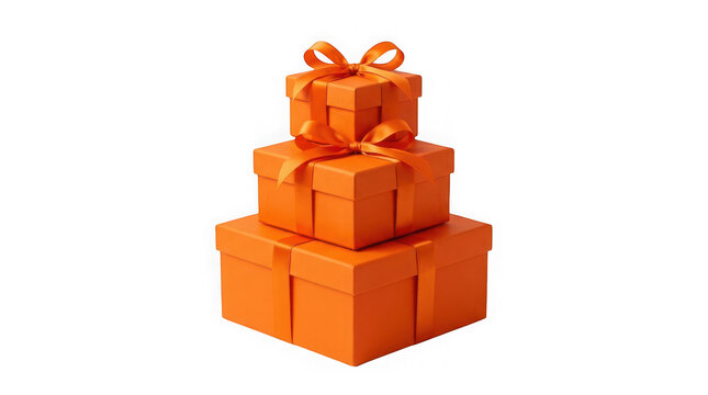 A stack of three orange gift boxes with ribbons isolated on transparent background