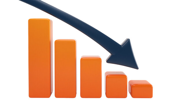 Orange bar graph showing decline with a dark blue arrow pointing down, isolated on transparent background