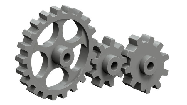 Three interlocking grey gears meshing together, isolated on transparent background