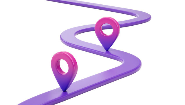 Purple winding road with pink and purple gradient map pins, isolated on transparent background