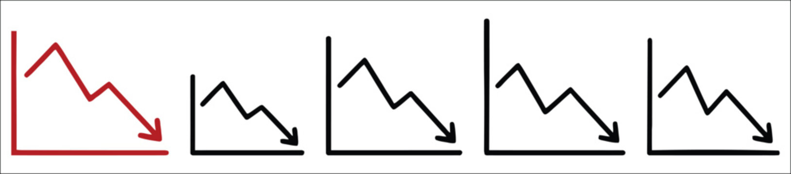 Arrow trend down line icon set featuring negative growth, cost reduction, declining analytics, financial loss, and downward business trends.