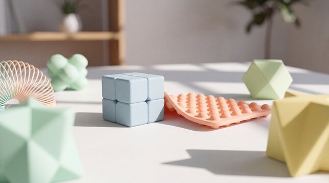 Pastel Sensory Fidget Toys on White Tabletop for Neurodiversity and Stress Relief Editorial