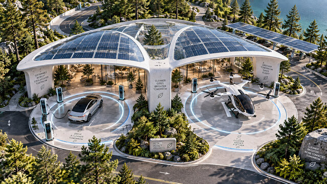 Ecology transport station with electric car and evtol drone charging under solar panels