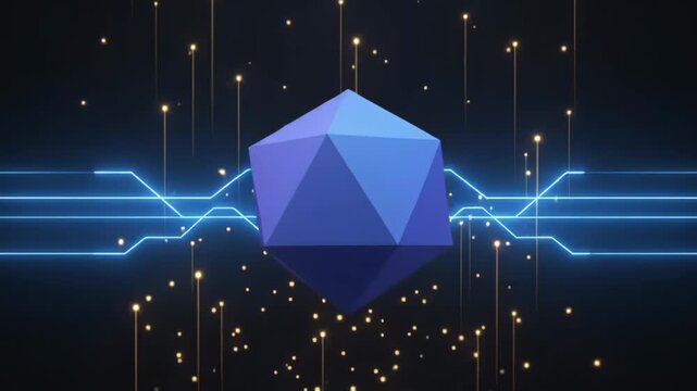 Abstract digital blue geometric polyhedron with glowing circuit lines and technological particles background