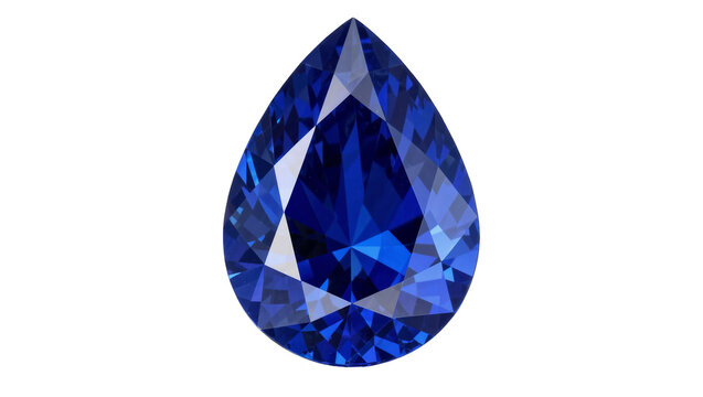 Deep blue pear-cut sapphire gemstone faceted and sparkling, isolated on transparent background