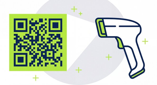 A digital barcode scanner reads a green qr code graphic on a light grey background with background small plus square code against beams light