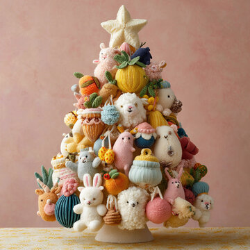 Festive handcrafted tree adorned with colorful pom-poms and cute animal decorations for the holiday season